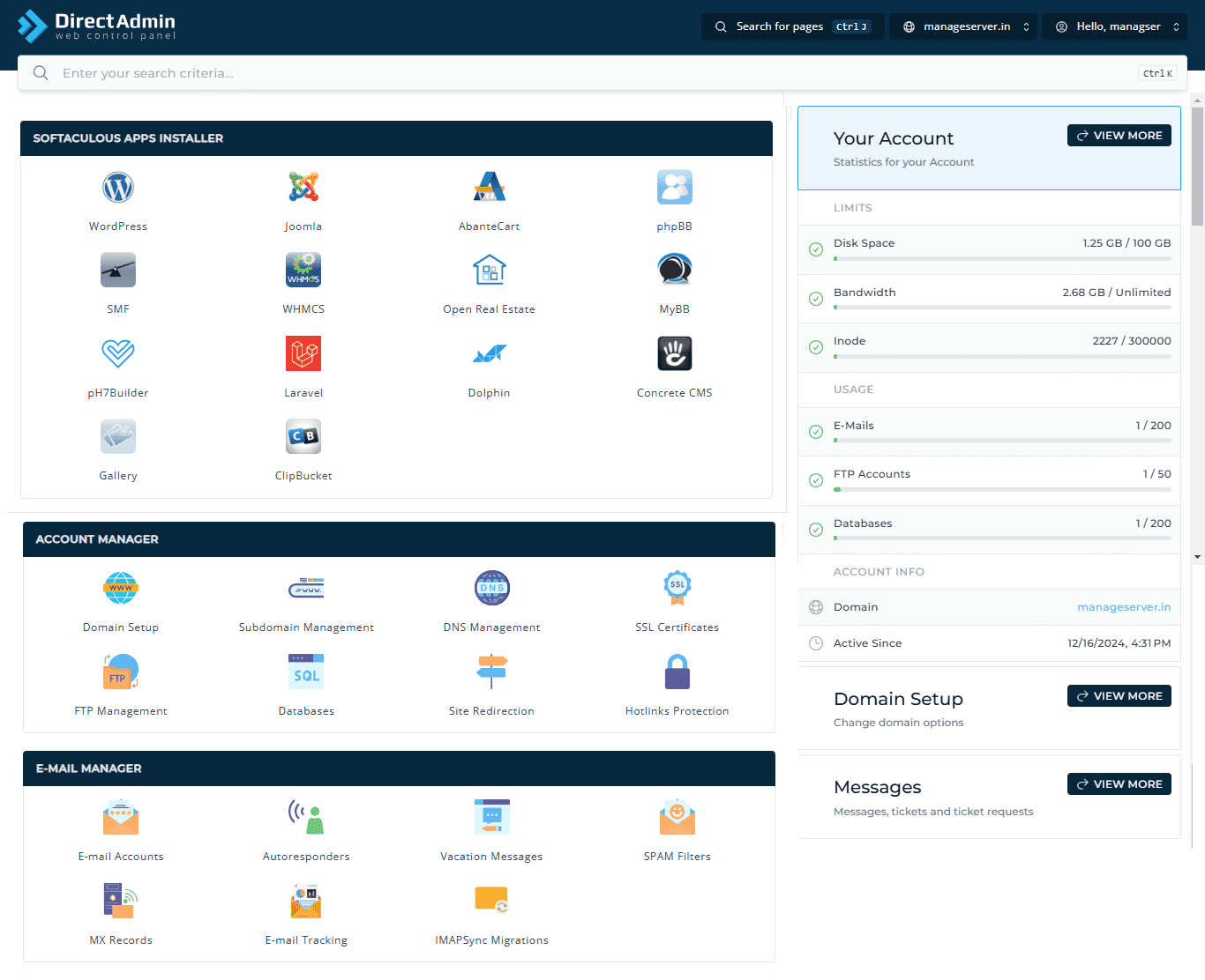 Free cPanel control panel 